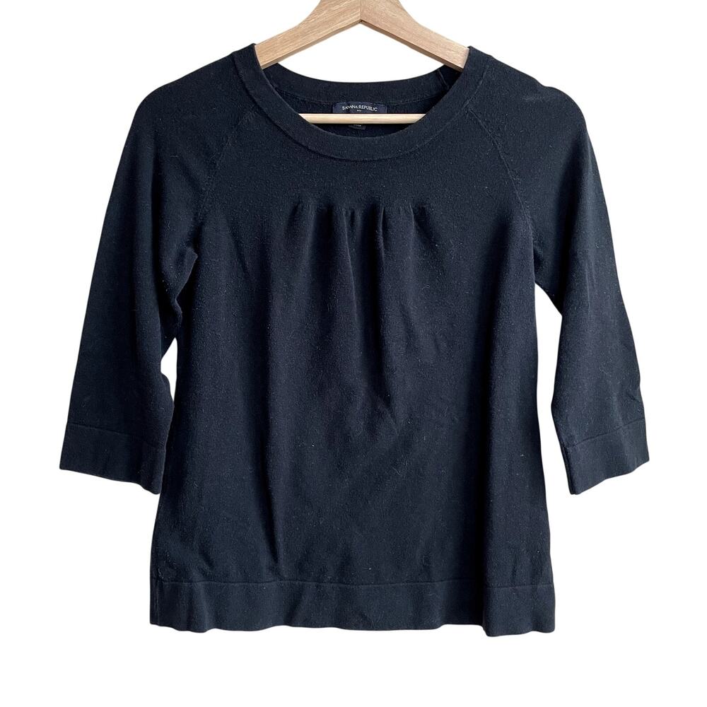 Banana Republic black pleated front 3/4 sleeve sweater top women's size S cotton